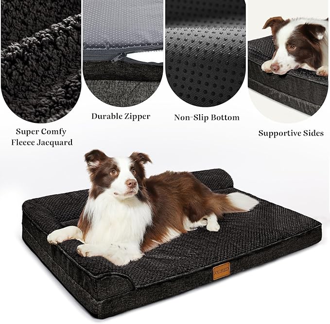 Orthopedic Jacquard XXL Dog Bed for Extra Large Dogs 48''X30'', Waterproof L Shaped Big Dog Sofa Pet Bed with Washable Removable Cover, Non-Slip Soft Comfortable Pet Couch Sleep Mat, Black