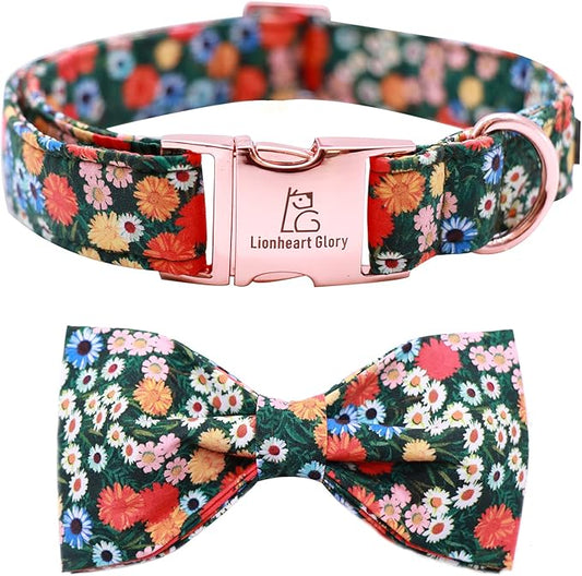Lionheart glory Floral Print Dog Collar Adjustable Soft Dog Collar with Bowtie, Girl Pet Collars for X-Small Small Medium Large Dogs