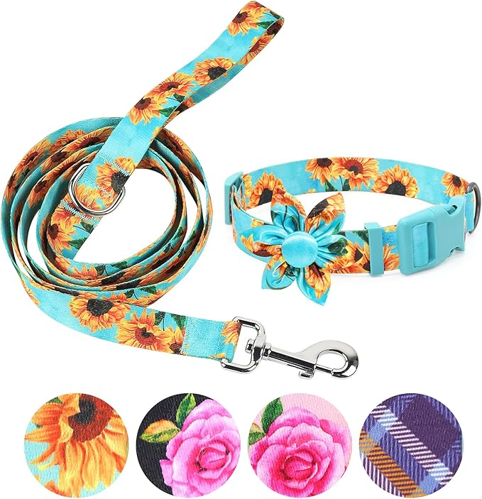 Cute Dog Collar and Leash Set 6 ft/Foot Dog Leash and Collar Adjustable Dog Harness and Leash Set Puppy Collars with Beautiful Floral Bow Tie for Small Medium Large Female Male Dogs,Sunflower-Teal