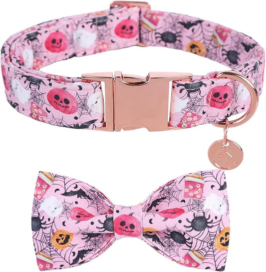 DOGWONG Fall Dog Collar with Bowtie - Pink Fall Dog Collar Soft Cotton Autumn Dogs Necklace - Halloween Puppy Necklace for Small Medium Large Dogs