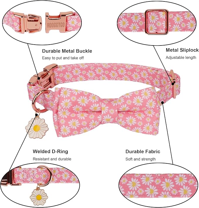 ADOGGYGO Floral Dog Collar with Bowtie, White Daisy Dog Flower Collar with Metal Buckle, Adjustable Pink Dog Floral Collars for X-Small Dogs (X-Small)