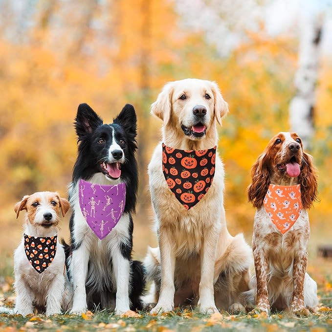 ADOGGYGO 4 Pack Halloween Dog Bandana, Pumpkin Ghost Dog Scarf Bib, Pet Halloween Bandanas Costume Accessories for Large X-Large Dogs (X-Large)