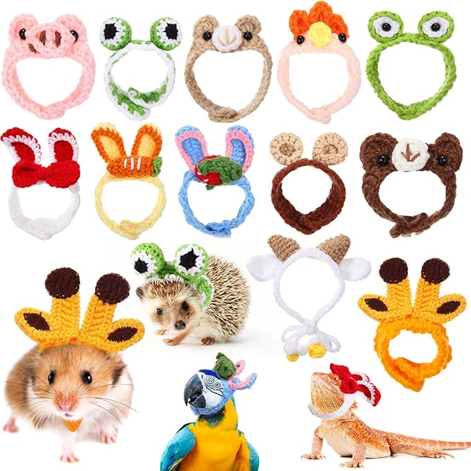 12 Pcs Hamster Hat Guinea Pig Knitted Cartoon Headwear Mini Small Animals Hat Hamster Clothes for Real Hamsters Pets Small Animal Lizard Dragon Snake Bird Rabbit Party Costume Accessories