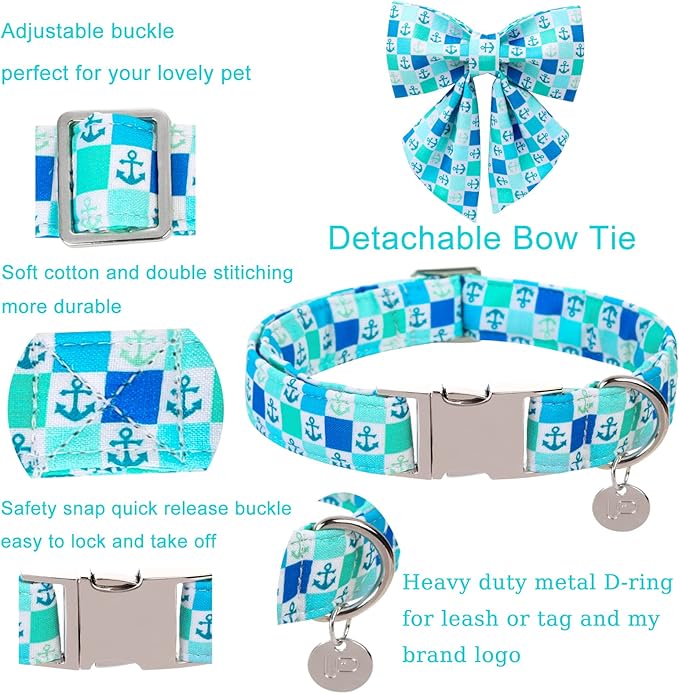 Summer Dog Collar with Bow Tie, Comfortable Cotton Dog Bowtie Collar, Cute Dog Collar for Puppy Girl Boy Dog or Cat, Holiday Blue Pet Collar with Durable Metal Buckle, XS