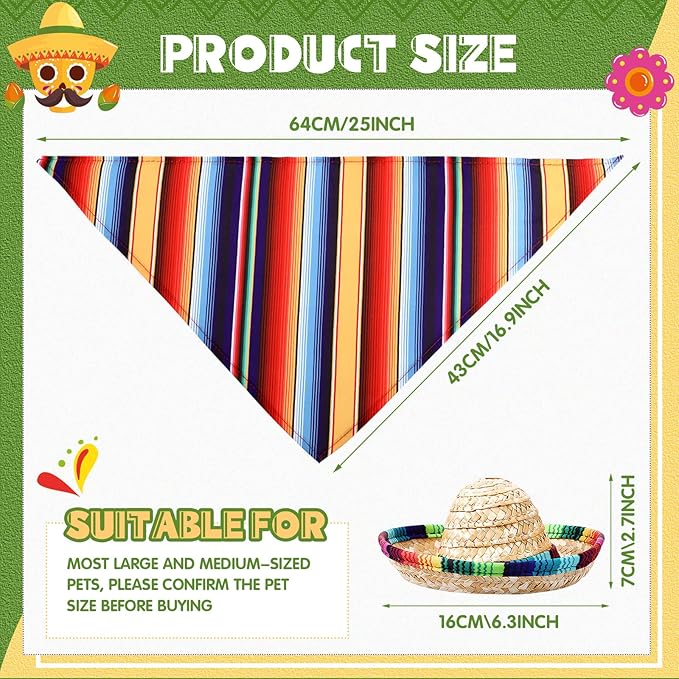 4 Pcs Cinco de Mayo Dog Bandana Cinco de Mayo Fiesta Fabric and Straw Sombrero Headbands Triangle Dog Sombrero Hat for Small Medium Pets Puppies Outdoor Colorful Serape Mexican Dog Gift Kids