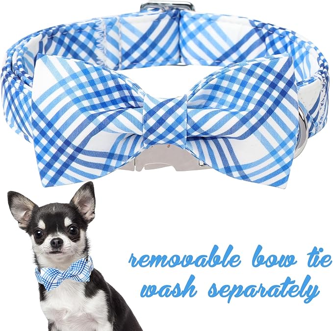 Unique style paws Cotton Dog Collar with Bow Spring Summer Collar with Blue White Grid for Small Medium Large Boys Girls Dogs