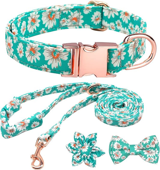 Dog Collar and Leash Set Girls Adjustable Puppy Collars with Floral Bow Tie for Small Medium Large Female Dogs, Light Green Daisy, L