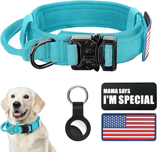 Tactical Military Dog Collar - Adjustable Nylon, Heavy Duty Metal Buckle with Handle for Dog Training, with Patches (Light Blue 1, L)
