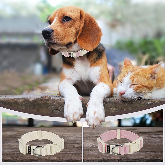 Breathable Small Dog Collar, Adjustable Pet Girl Boy Collars with Quick Release Buckle D-Ring, Soft Comfortable Colorfast Pink Puppy Coll'ar for XS Small Medium Large Dogs(S, Beige)