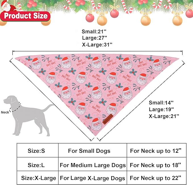 ADOGGYGO Pink Christmas Dog Bandana, Santa Xmas Tree Dog Scarf, Adjustable Fit Pink Pet Christmas Bandanas for Medium Large Dogs (Large)