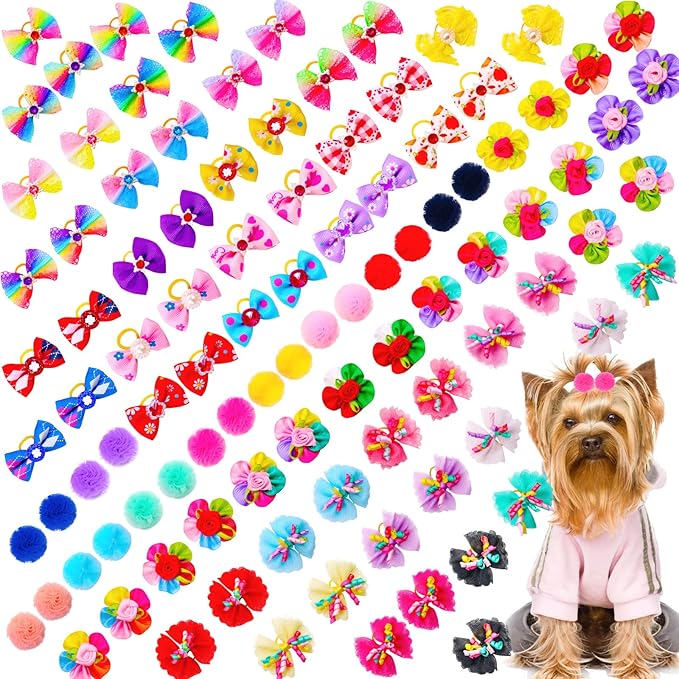 100pcs Dog Hair Bows, Bulk Pet Small Dog Bows Girl with Rubber Bands, Tiny Dog Hair Grooming Bows, Mix Dainty Puppy Dog Bows, Handmade Yorkie Dog Bows for Dog Hair Accessories