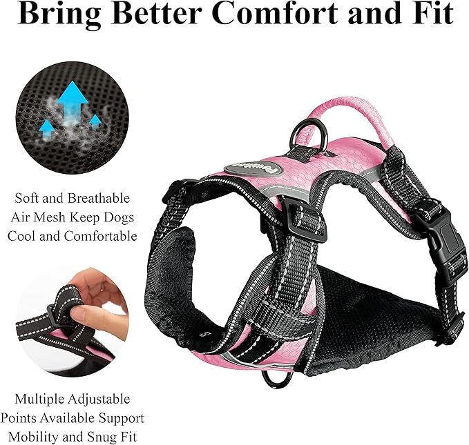 No Pull Dog Harness, Reflective Walking Dog Harness with Easy Control Handle and Front & Back Clips,Adjustable Breathable Soft Padded Dog Vest Harness for Large Medium Small Dogs,Pink,S