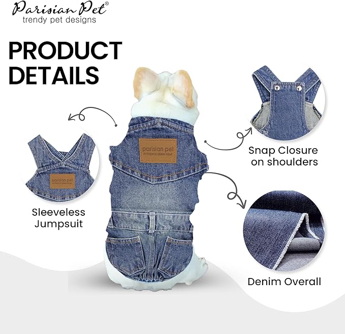 Parisian Pet Denim Overall - Blue Dog Jeans Outfit - Breathable Puppy Jumpsuit Costumes - Machine Washable Overall for Dogs - Dog Clothes for Small Dogs - S