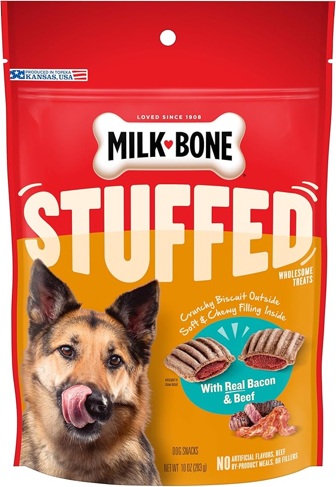 Milk-Bone Stuffed Dog Treats with Real Bacon & Beef, 10 Ounce (Pack of 5), Crunchy Biscuit with Soft & Chewy Filling