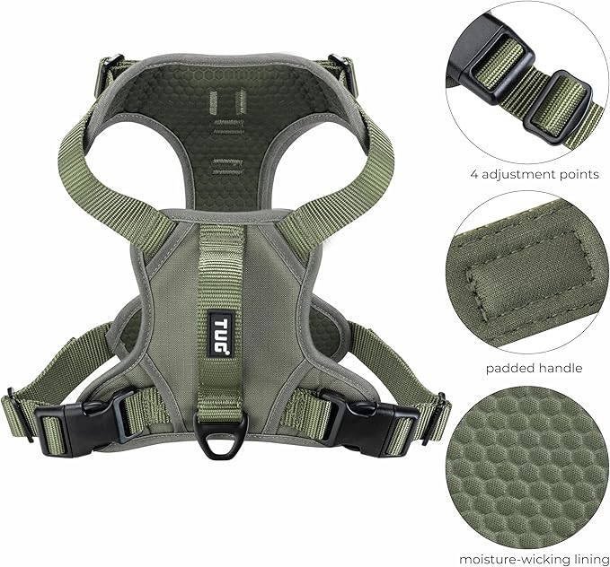 TUG Dog Harness with 2 Leash Connection Points | Adjustable, Padded, Lightweight | Handle on Back | No-Pull Front Clip (XL, Green)