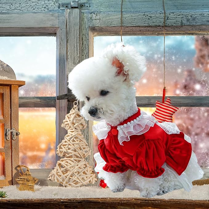 FLAdorepet Dog Christmas Costume Outfits,Red Velvet Small Dog Bowknot Pearl Dress Tutu Skirt, Winter Cat Clothes Pet Apparel(Red Bow, Small)