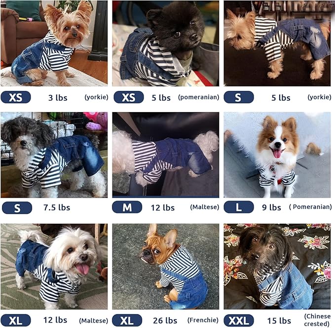 Small Dog Hoodie Clothes Cute Stripe Shirts Denim Jumpsuit One-Piece Outfit for Small Medium Dogs Cats Boy Girl Chihuahua Blue Jeans Overalls Puppy Costume (Blue,S)