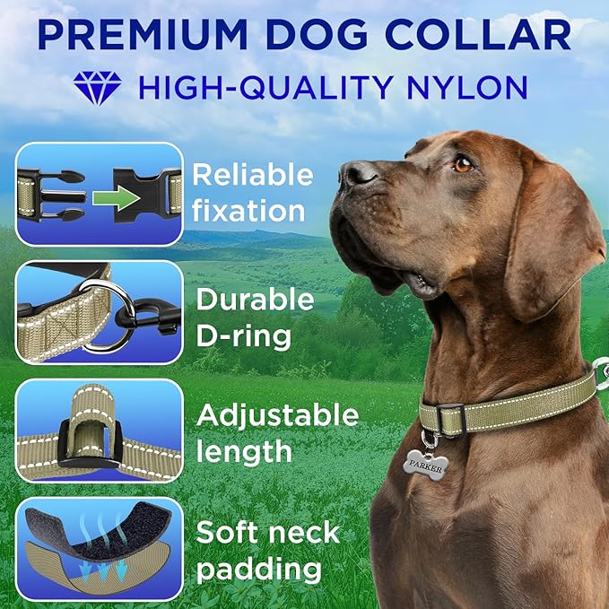 TECEUM Reflective Pet Collar – Olive – XL – Extra Soft Padding – Basic Nylon Dog Collar – Quick Release Buckle – Fits Small, Medium and Large Dogs, Puppies, Cats – ESA & Service Dog Options