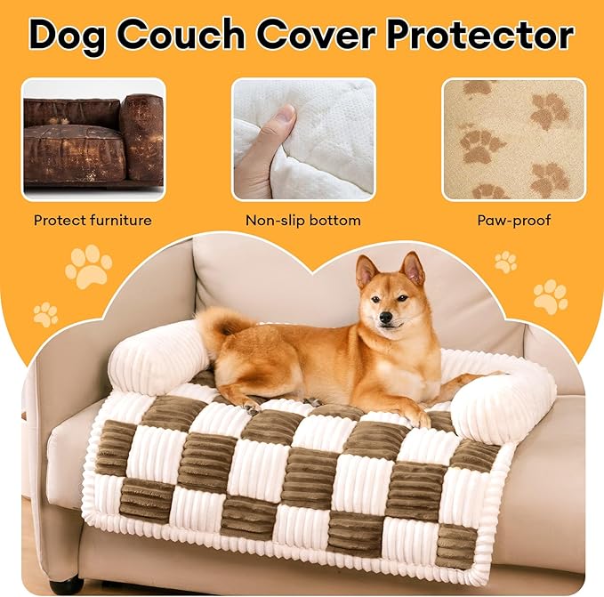 FUNNY FUZZY Couch Covers for Dogs, Pet Couch Covers for Sofa Classic Chessboard Cozy Plush Bed Mat Pet Cover for Couch Furniture Protector, Medium, Light Brown