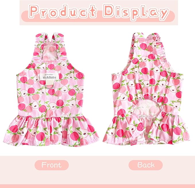 Small Dog Dress Harness and Leash Set Cute Princess Birthday Dog Dresses Soft Fruit Print Puppy Dresses Girl Dog Clothes for Small Dogs Cats Chihuahua Yorkie Shih Tzu (Pink Apple,S)
