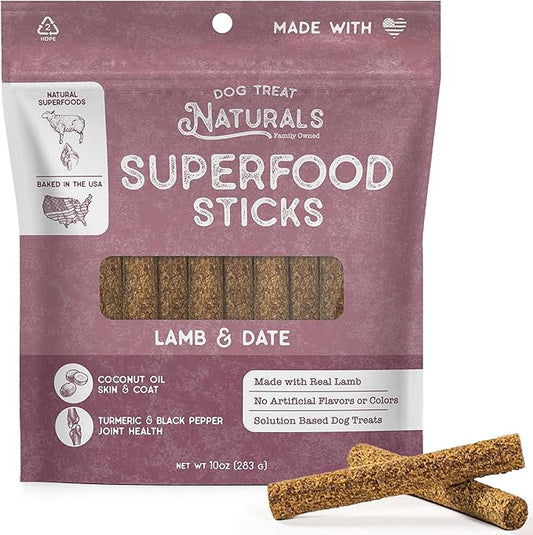 Lamb & Date Superfood Sticks for Dogs | All-Natural Premium Training Dog Treats | Contains Turmeric for Joint Health | Made with Real Lamb & Date | Made in USA | 10 Ounces