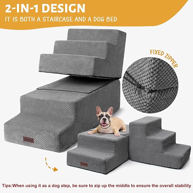 5-Step Dog Stairs for High Beds, Non-Slip Pet Steps for Small Dogs & Cats, Grey, 22.6" H