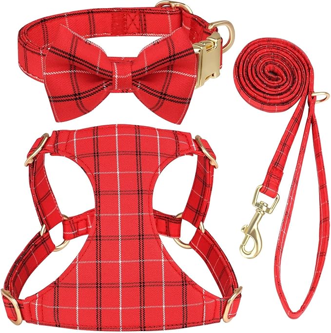 Beirui Cute Small Dog Harness Collar and Leash Set with Bowtie, Soft Adjustable Plaid Puppy Harness for Small Sized Dogs Cats Walks Parties and Photoshoots(Red,XS:Chest 13-18")