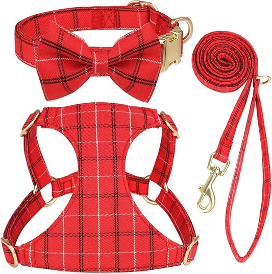 Beirui Cute Small Dog Harness Collar and Leash Set with Bowtie, Soft Adjustable Plaid Puppy Harness for Small Sized Dogs Cats Walks Parties and Photoshoots(Red,XXS:Chest 12-14")