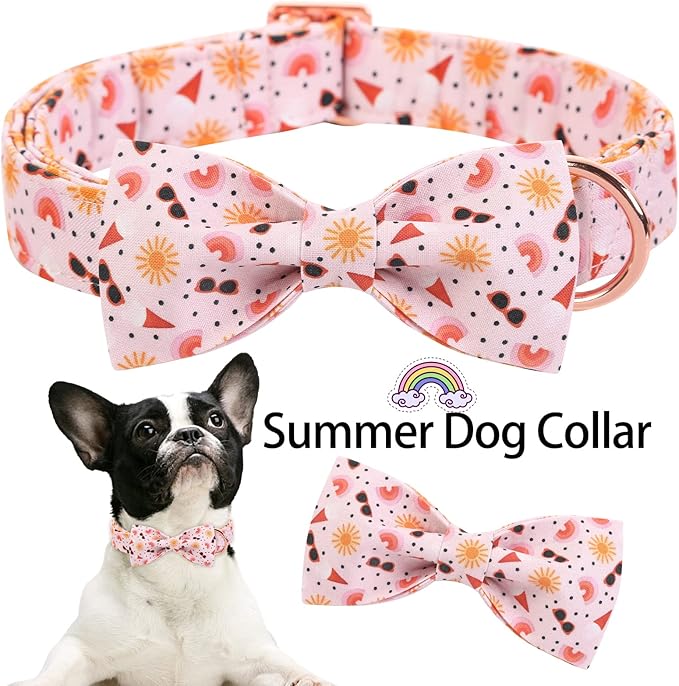 ARING PET Summer Dog Collar-Adorable Dog Collar with Bow, Adjustable Cotton Sun Bowtie Dog Collars Pet Collars with Metal Buckle