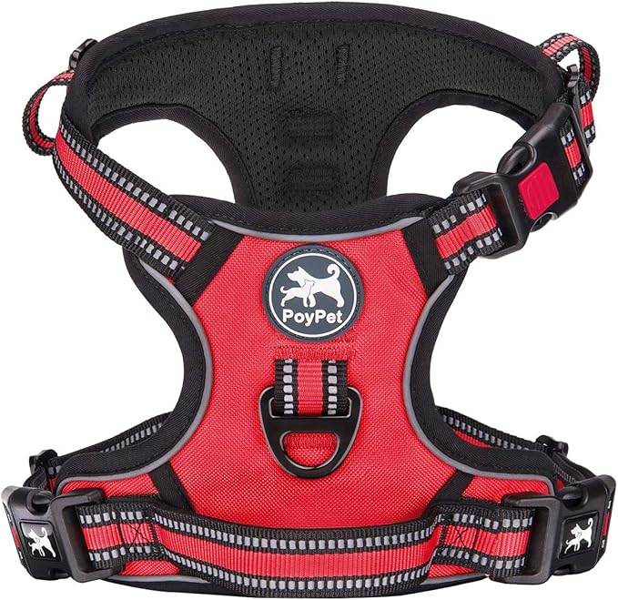 PoyPet No Pull Dog Harness, [Release on Neck] Reflective Adjustable No Choke Pet Vest with Front & Back 2 Leash Attachments, Soft Control Training Handle for Small Medium Large Dogs(Red,XS)