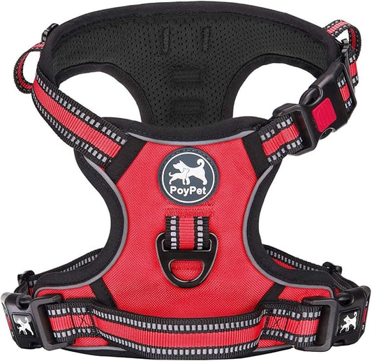 PoyPet No Pull Dog Harness, [Release on Neck] Reflective Adjustable No Choke Pet Vest with Front & Back 2 Leash Attachments, Soft Control Training Handle for Small Medium Large Dogs(Red,S)