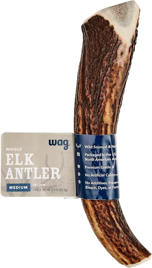 Amazon Brand - Wag Dog Elk Antler Chew, Naturally Shed, Whole, Medium 6-7.5 inches, Long Lasting for Aggressive Chewers, Best for Dogs 15-30 lbs, 2.90 Ounce (Pack of 1)