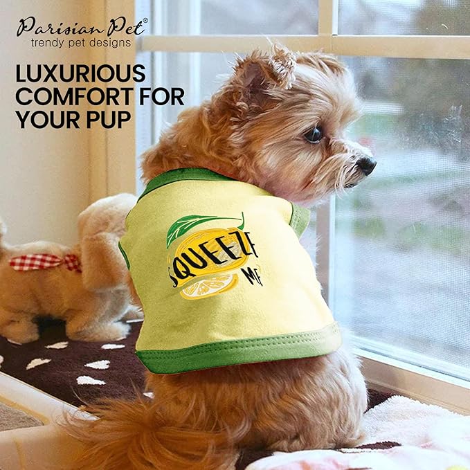 Parisian Pet Dog Tshirt - Embroidered “ Squeeze Me “ Dogs Clothes - Breathable and Lightweight Dog Tank Top - Sleeveless Doggy Tee Shirts - Machine Washable Shirts for Small Dogs - XXS