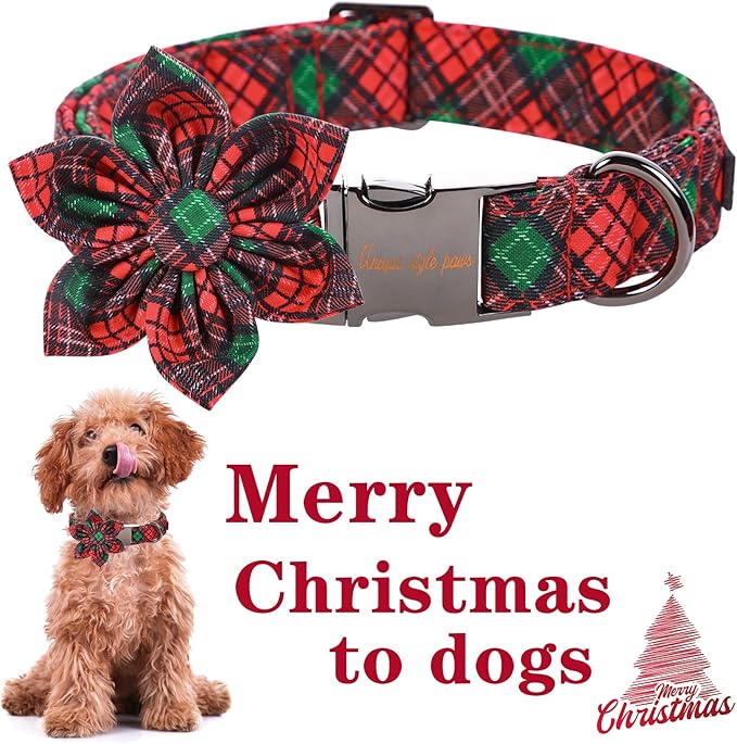 Unique style paws Christmas Dog Collar with Flower Tie Red Green Plaid Adjustable Cotton Puppy Collar for Small Medium Large Dogs-M