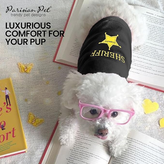 Parisian Pet Dog Tshirt - Embroidered “ Sheriff “ Dog Shirt - Lightweight and Skin Friendly Dog Clothes - Sleeveless Black Dog Tee Shirts - Machine Washable Dog Shirts for Medium Dogs - M