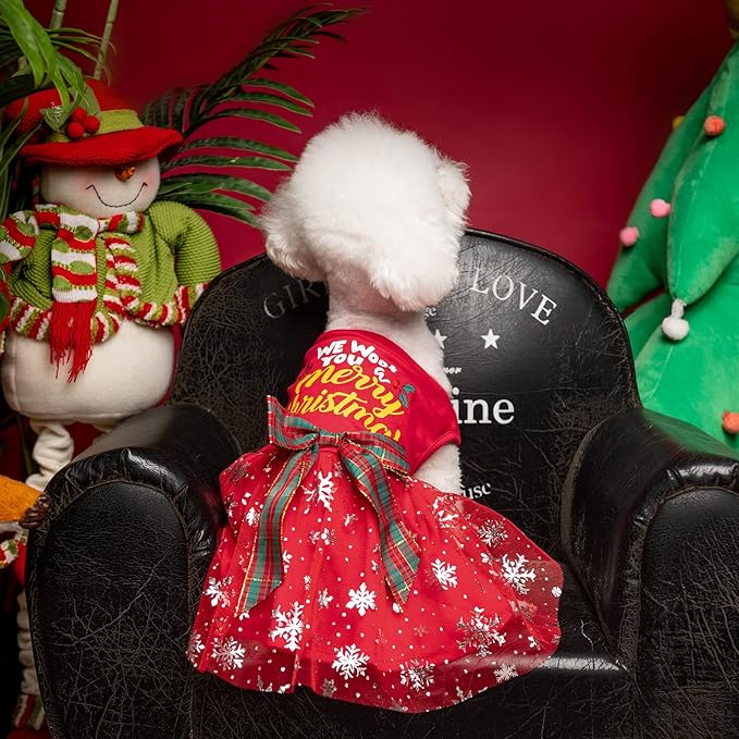 PUPTECK Dog Christmas Dress Outfit Puppy Costume Cute Small Dogs Clothes with Bowknot Skirt Pajamas