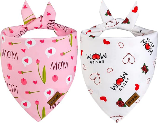 Mothers Day Dog Bandanas - 2 Pack Reversible Super Mom Pet Scarf for Boy and Girl | Premium Durable Fabric | Triangle I Love My Mom Bandana for Small Medium Large and Extra Large Dogs (Small)