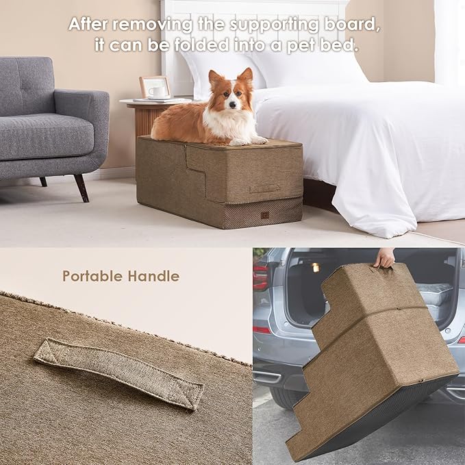 EHEYCIGA Dog Stairs for High Bed 25”H, 5-Step Extra Wide Dog Steps for Bed, Pet Steps for Small Dogs and Cats, Non-Slip Balanced Dog Indoor Ramp, Camel