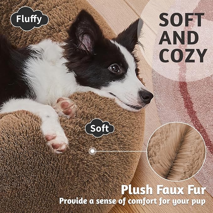 OhGeni Calming Donut Dog Bed Pillow for Large Pets, Machine Washable Removable Cover, Comfort Plush Fluffy Faux Fur with Anti-Slip Bottom, Cats-Friendly Round Cuddly Design, Ocher, 36 inches