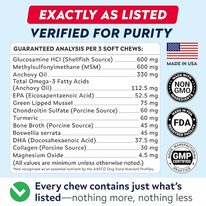 Advanced Glucosamine Chondroitin Joint Supplement for Dogs - Hip & Joint Pain Relief Pills - Green Lipped Mussel & Collagen - Large & Small Breed - Senior Dogs Joint Health - Bacon Flavor - 120Ct