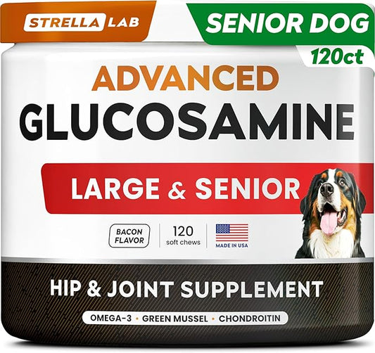 Advanced Glucosamine Chondroitin Joint Supplement for Dogs - Hip & Joint Pain Relief Pills - Green Lipped Mussel & Collagen - Large & Small Breed - Senior Dogs Joint Health - Bacon Flavor - 120Ct