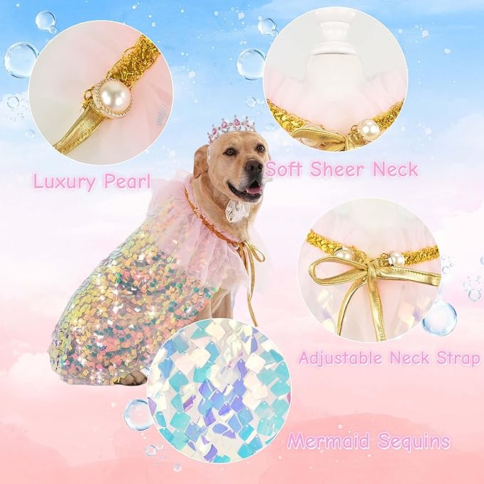 FLAdorepet Dog Princess Dress Costume with Rhinestones Crown,Pet Cat Cape Cloak Birthday Party Wedding Dress Up Outfits,Rainbow Mermaid Halloween Costume Clothes for Small Medium Large Dogs, Large