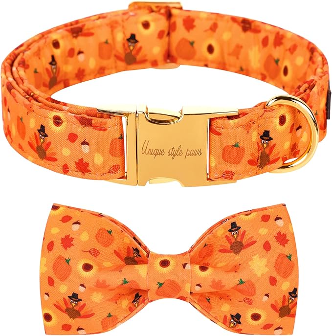 Unique style paws Halloween& Dog Collar with Bow Tie Pumpkin Cotton Collar Adjustable Puppy Collar Best Thanksgiving Gift for Small Medium Large Dogs-Turkey & Pumpkin Theme