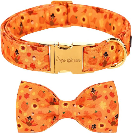 Unique style paws Halloween& Dog Collar with Bow Tie Pumpkin Cotton Collar Adjustable Puppy Collar Best Thanksgiving Gift for Small Medium Large Dogs-Turkey & Pumpkin Theme