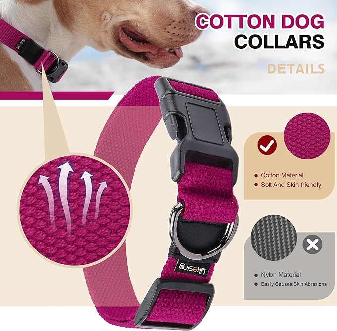 Cotton Soft Dog Collar, Quick Release Dog Collar with Buckle, Heavy-Duty Adjustable Pet Collar for XS Small Medium Large Dog, Colorfast Dog Collars with Removable Tag(XS, Rose Red)