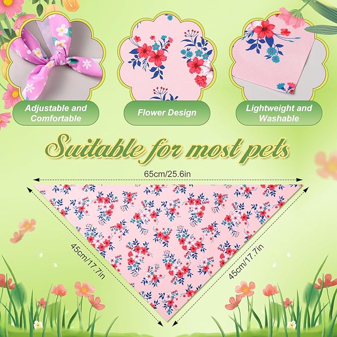 Preboun 50 Pcs Spring Dog Bandanas Bulk Flower Floral Bandanas for Dogs Soft Kerchief for Small Medium Large Pets Puppy Spring Costume Accessories(25.6 x 17.7 x 17.7 Inch)