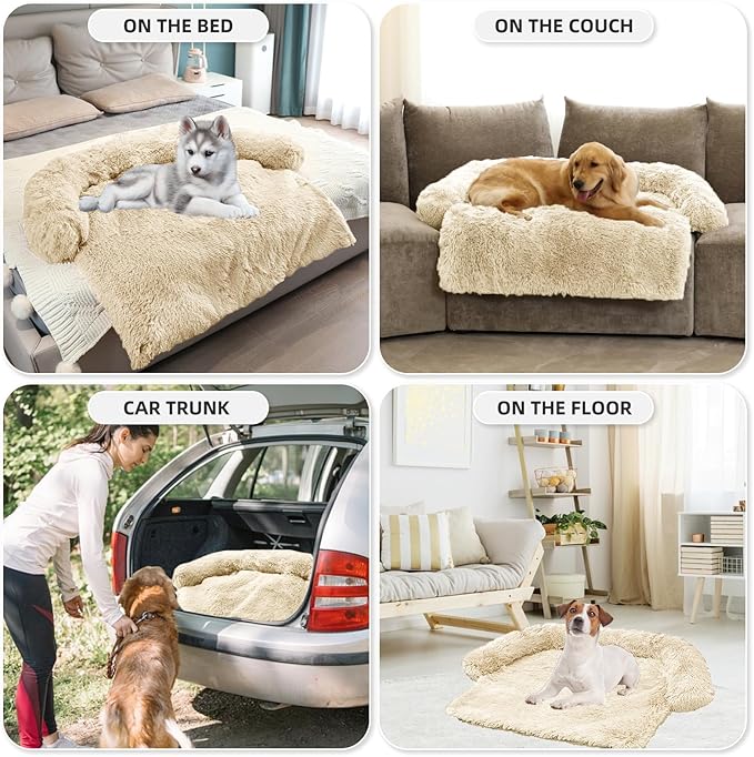 Calming Dog Bed Fluffy Plush Dog Mat for Furniture Protector with Removable Washable Cover for Large Medium Small Dogs and Cats (Extra Large (53x39.3x6), Beige)