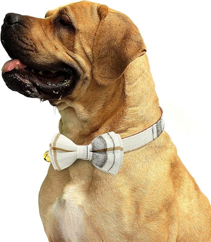 KUDES 2 Pack/Set Dog Collars with Bow Tie and Bells, Adjustable Cute Dog Bow Ties Collar for Small/Medium/Large Boys and Girls Pets (Beige & Brown, M(11.8''-17.8''))