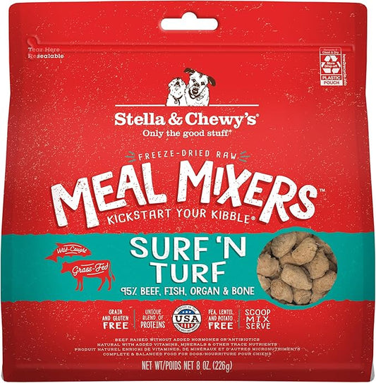 Stella & Chewy's Freeze-Dried Raw Surf & Turf Meal Mixers - Dog Food Topper and Mixer - Made with 95% Grass-Fed Beef & Wild-Caught Salmon - Perfect for Picky Eaters - Grain-Free - 8 oz