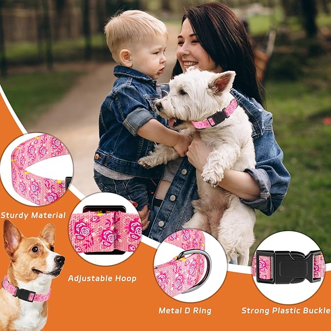 Dog Collar, Cute Floral Puppy Collar for Boys Girls Small Medium Large Dogs, Adjustable Soft Pet Collar Fancy Floral with Quick Release Buckle for Males Females, Pink Rose,S